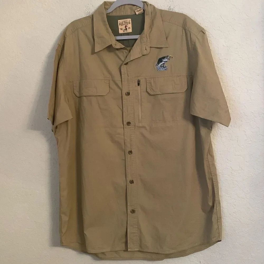 Red Head Cotton Khaki Short Sleeve Button Down Pockets Embroidered Size XL
